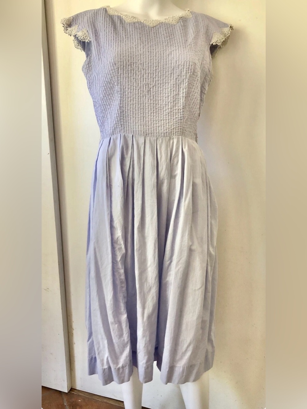 Vintage Hope Reed Women’s Light Blue Party Dress Pin Tuck Bodice Crochet Lace S